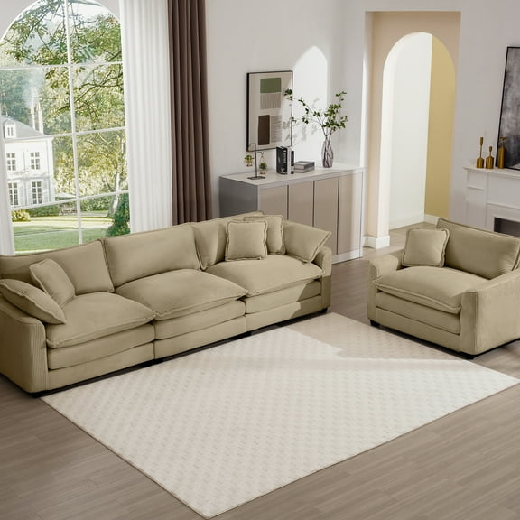 Mid-century Style Sectional In Tan Corduroy: 3, Single With Versatile Arm Pillows And Cozy For Living Room Corduroy Area: 3 Cushions
