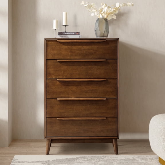 Mid-century Wooden Dresser with 5 Drawers Storage High Chest of Drawers Bedroom Living Room Walnut
