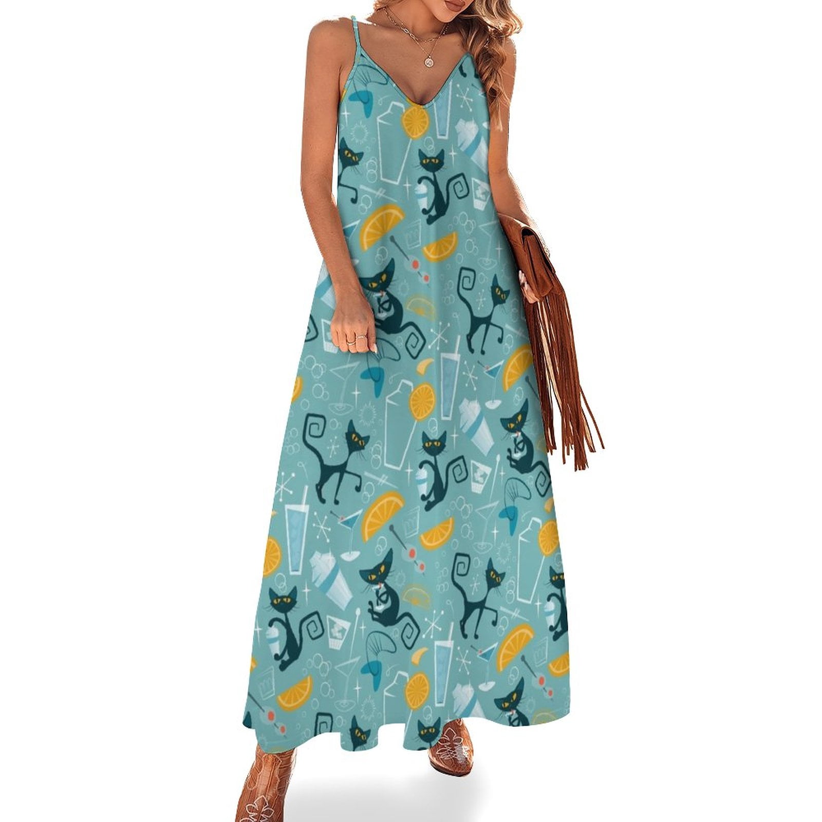 Mid century modern atomic style cats and cocktails Sleeveless Dress