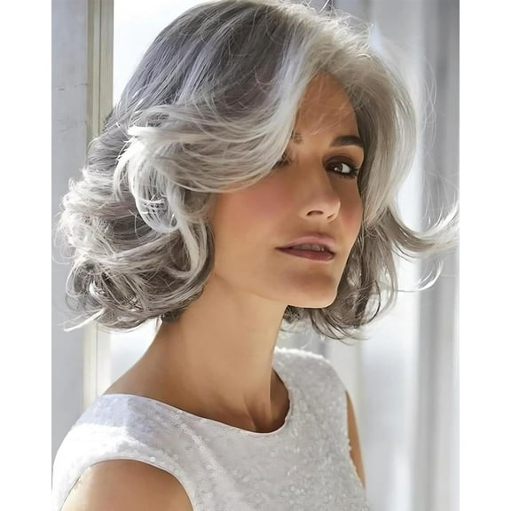 Mid-length Grey Wavy Bob Wigs for Women Short Gray Curly Wig Synthetic Salt and Pepper Wigs Average Size Realistic Natural Daily Party Wigs for Older Women with Silver White Bangs(10-12inch)