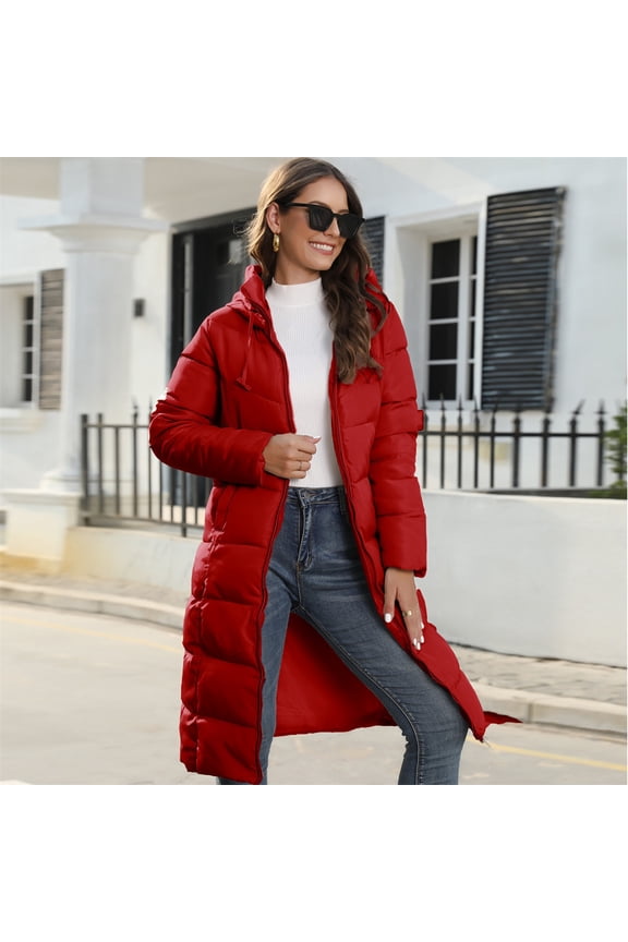 Mid-length Slim Hooded Puffer Coat (S, Red)