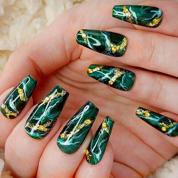 Mid-length hot girl gold pink dark green smudged diamond nails fake nail patches