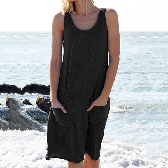 Mid-length solid color sleeveless knitted casual tank dress for women