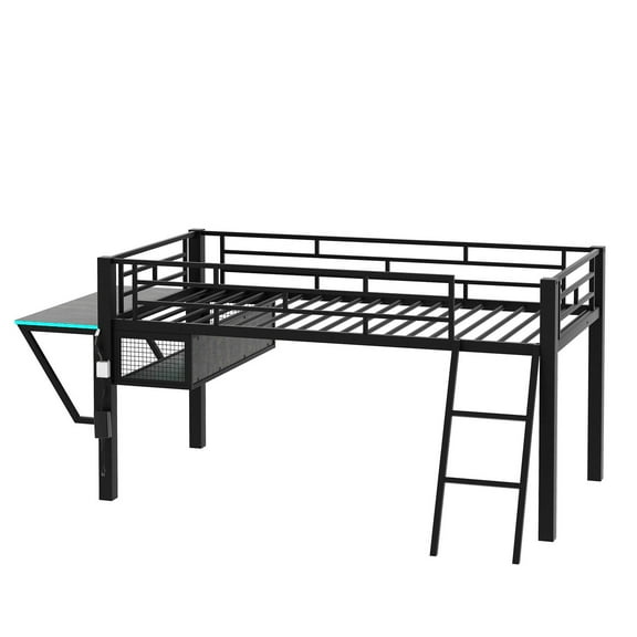 Mid-level loft playard with desk, LED light and single bed, featuring integrated TV table platform storage for furniture, toys or a play chair. Black