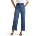 thumbnail image 1 of Mid-rise slim-fit jeans for women, with a faded denim wash, faux button design, and casual straight-leg pants., 1 of 4
