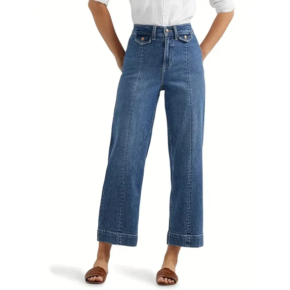 Mid-rise slim-fit jeans for women, with a faded denim wash, faux button design, and casual straight-leg pants.