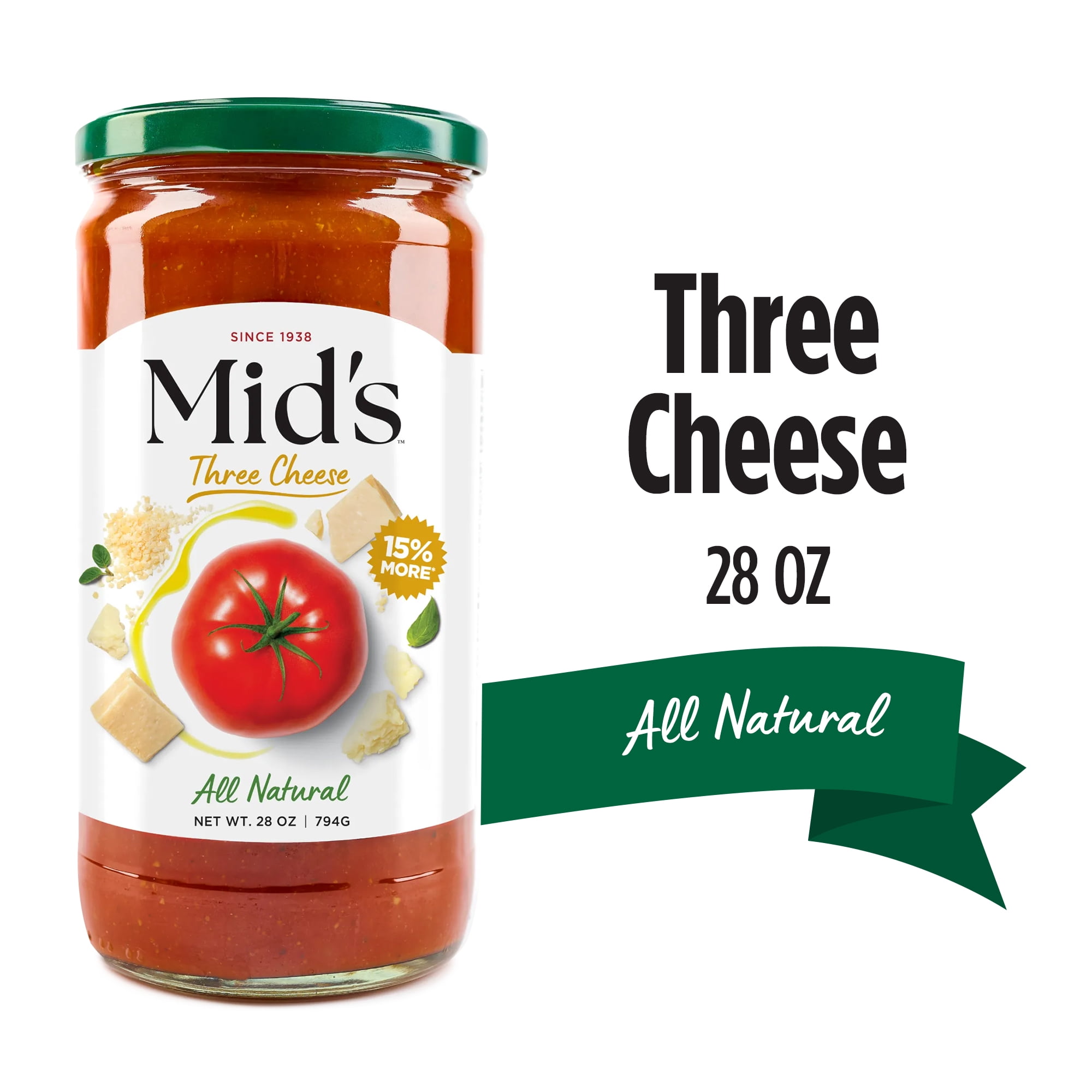 Mid's Premium All Natural Three Cheese Spaghetti Pasta Sauce, Gluten-Free, 28 oz, 1 Pack