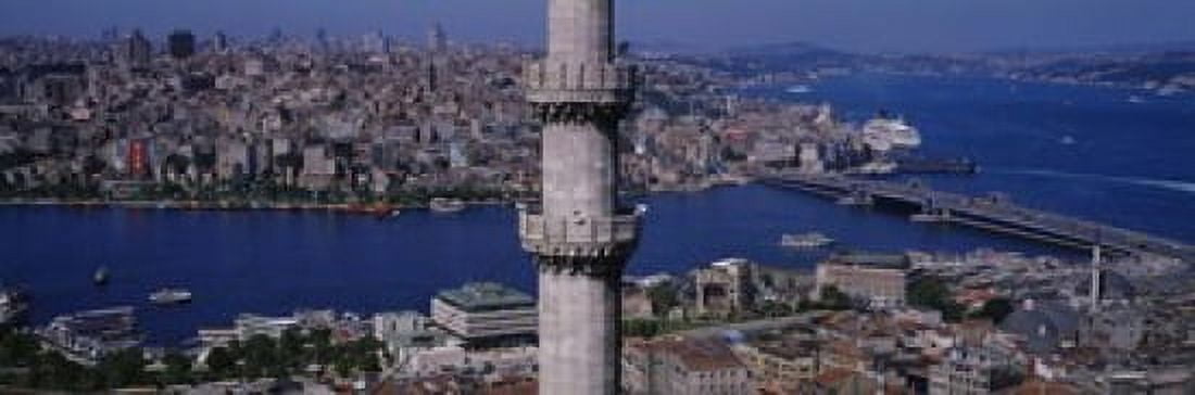 Mid section view of a minaret with bridge across the bosphorus in the background Istanbul Turkey Canvas Art - Panoramic Images (18 x 6)