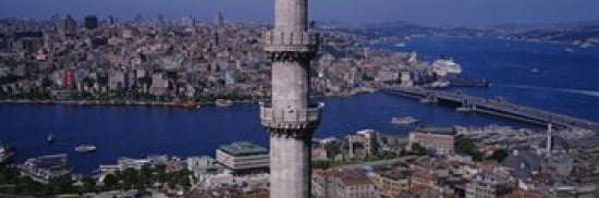 Mid section view of a minaret with bridge across the bosphorus in the background Istanbul Turkey Canvas Art - Panoramic Images (36 x 12)