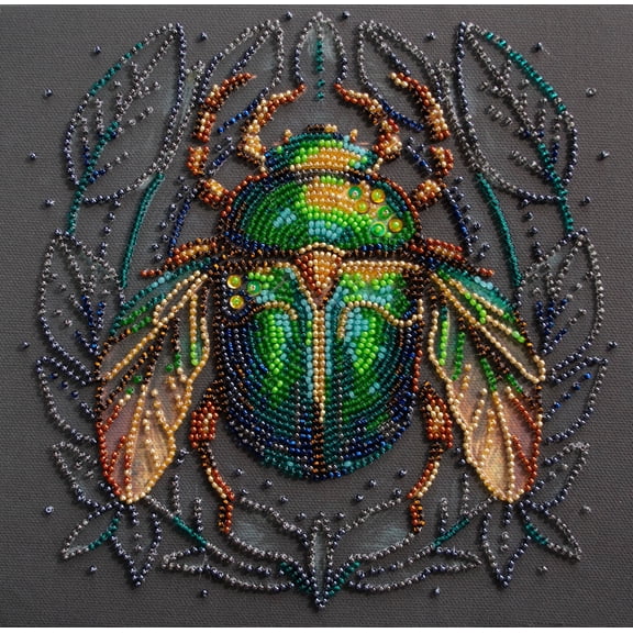 Wizardi Mid-Sized Bead Embroidery kit - Emerald Beetle. Colorful Beads, Beading Needles. DIY Kit. Embroidery for Beginners. Home Decor. AMB-105 Abris Art