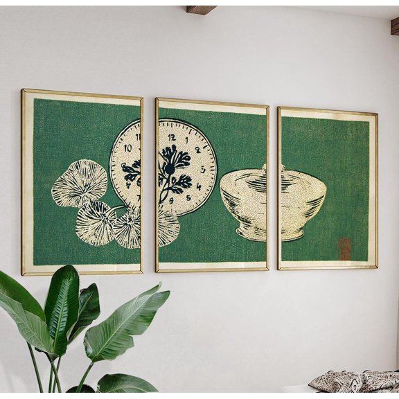 MidCentury Modern Japanese Botanical Clock Art, Poster Only