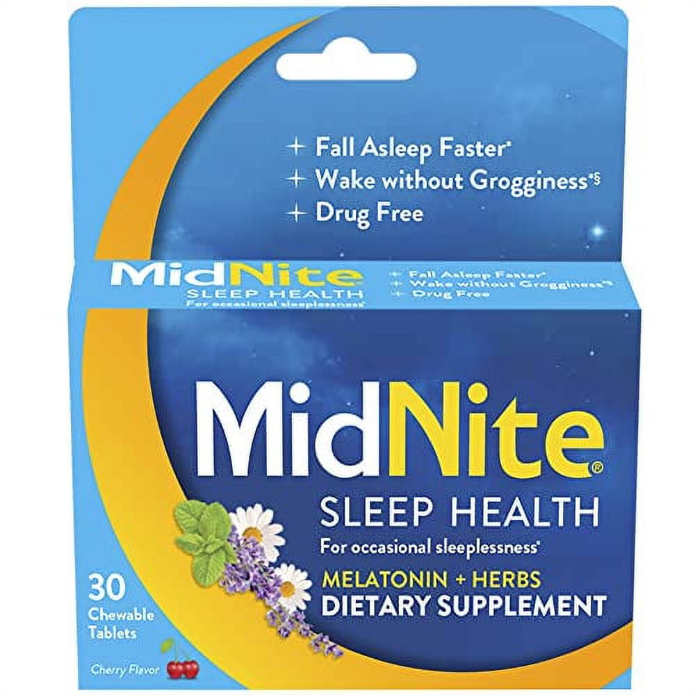 MidNite Sleep Cycle Support Back to Sleep Low Dose, 1.5 mg Melatonin with Soothing Herbal Blend, Cherry Flavor, 30 Quick Melt Tablets, Drug-Free