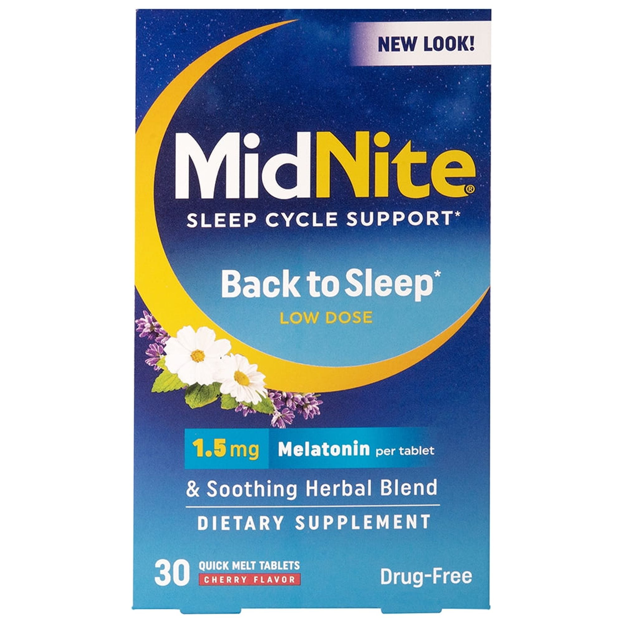MidNite Back To Sleep, Low Dose, 1.5 mg Melatonin Sleep Aid, 30 Ct