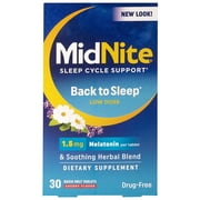 MidNite Melatonin Back To Sleep, Low Dose, 1.5 mg, Sleep Aid, 30 Ct