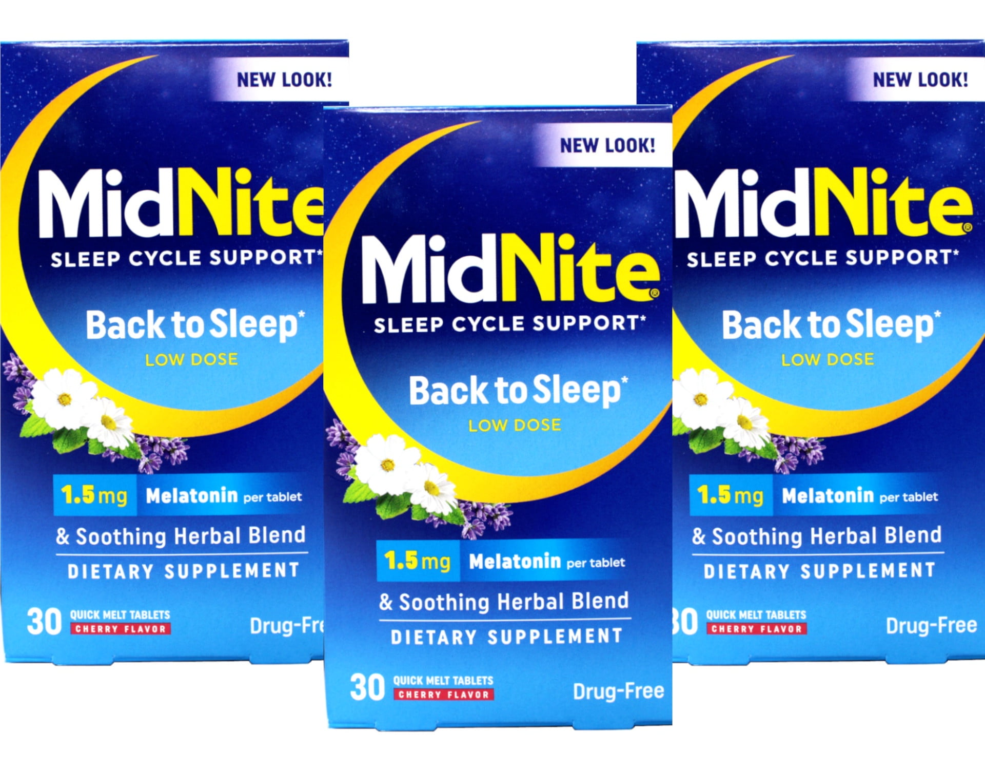 MidNite Sleep Cycle Support – Back to Sleep Low Dose, 1.5 mg Melatonin with Soothing Herbal Blend, Cherry Flavor, 30 Quick Melt Tablets, Drug-Free (Pack of 3)