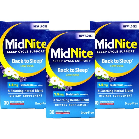 MidNite Sleep Cycle Support Back to Sleep Low Dose, 1.5 mg Melatonin with Soothing Herbal Blend, Cherry Flavor, 30 Quick Melt Tablets, Drug-Free (Pack of 3)