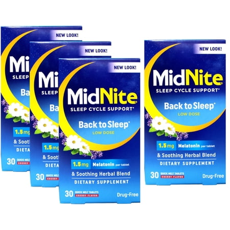 MidNite Sleep Cycle Support – Back to Sleep Low Dose, 1.5 mg Melatonin with Soothing Herbal Blend, Cherry Flavor, 30 Quick Melt Tablets, Drug-Free (Pack of 4)