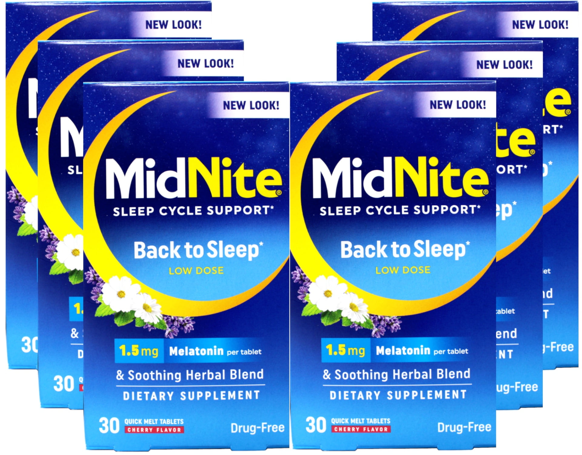MidNite Sleep Cycle Support – Back to Sleep Low Dose, 1.5 mg Melatonin with Soothing Herbal Blend, Cherry Flavor, 30 Quick Melt Tablets, Drug-Free (Pack of 6)