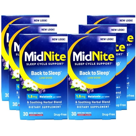 MidNite Sleep Cycle Support – Back to Sleep Low Dose, 1.5 mg Melatonin with Soothing Herbal Blend, Cherry Flavor, 30 Quick Melt Tablets, Drug-Free (Pack of 6)