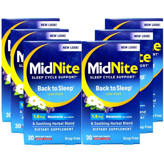 MidNite Sleep Cycle Support Back to Sleep Low Dose, 1.5 mg Melatonin with Soothing Herbal Blend, Cherry Flavor, 30 Quick Melt Tablets, Drug-Free (Pack of 6)