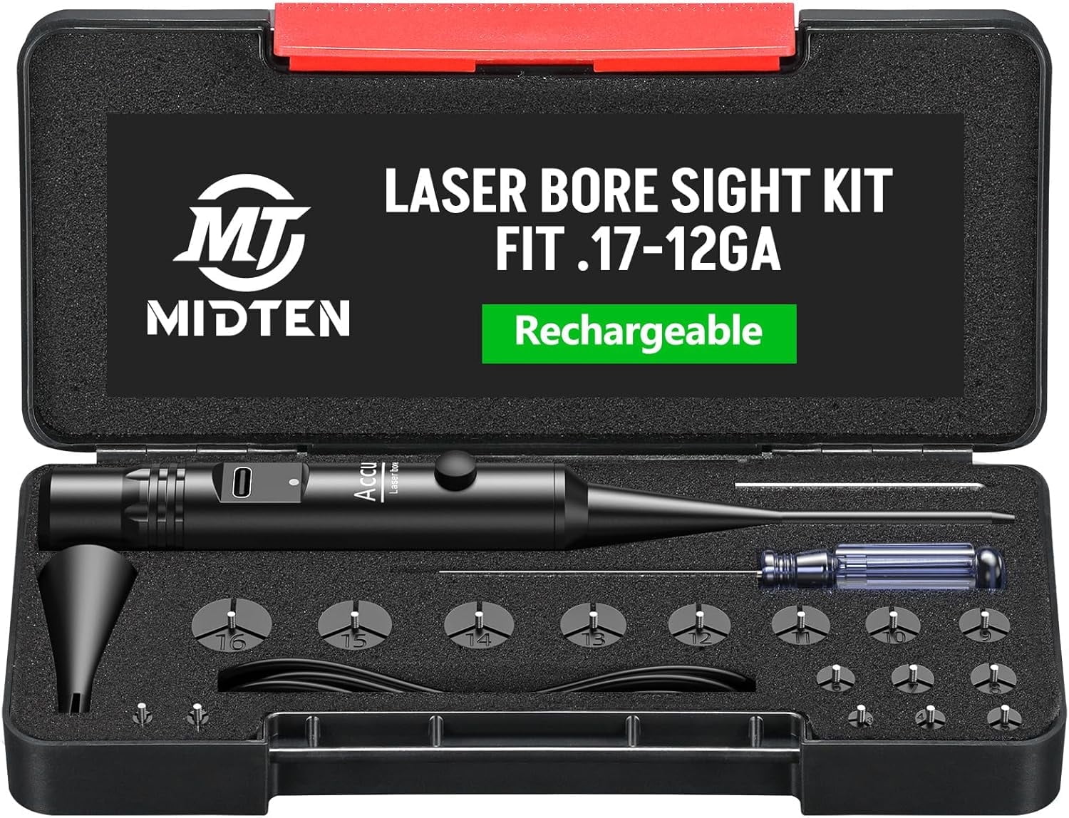 MidTen Rechargeable Bore Sighter Kit with 16 Adapters