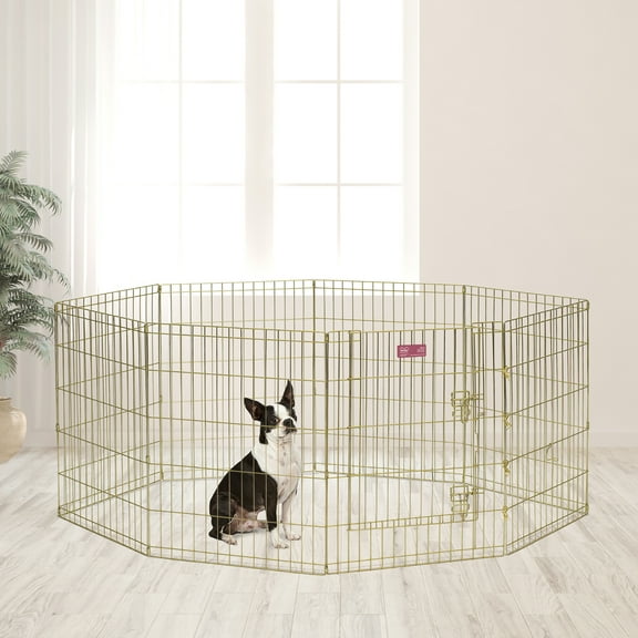 MidWest Homes For Pets Foldable Metal Exercise Pen, Playpen, Gold zinc with door, 24"W x 30"H