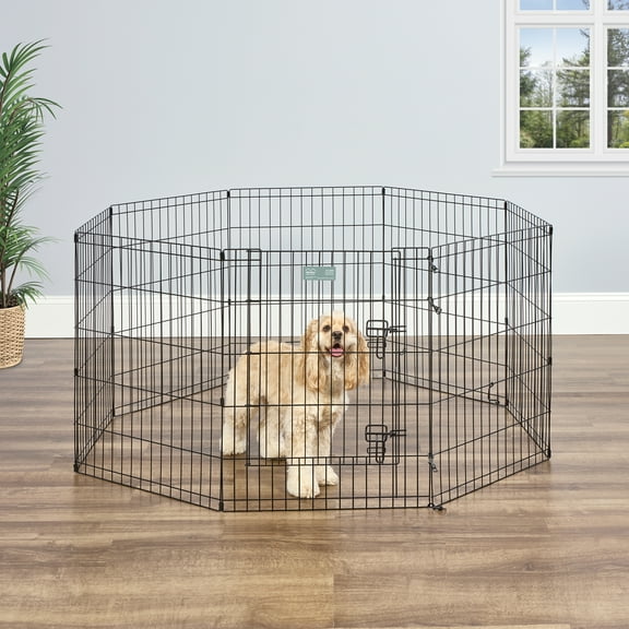 MidWest Home for Pets Metal Exercise Dog Playpen Without Door, 8 Panels, 4 Ground Stakes, Foldable and Portable Pet Playpen, 30 Inch High, Black