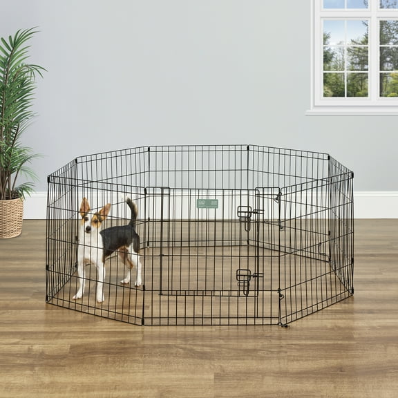 MidWest Home for Pets Metal Exercise Dog Playpen with Door, 8 Panels, 4 Ground Stakes, Foldable and Portable Pet Playpen, 24 Inch High, Black