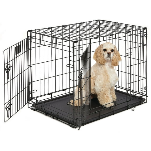 MidWest Homes for Pets Medium Dog Crate Newly Enhanced LifeStages 30' Double Door Folding Metal Dog Crate with Divider Panel, Floor Protecting Feet & Dog Pan, 1630DD, 30.6L x 19.3W x 21.4H Inches
