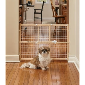 MidWest Homes for Pets Wire Mesh Pet Safety Gate, Pressure Mounted Dog Gate Measures 24 Inches Tall & Expands to 29-50 Inches Wide, Natural Wood & White Powder Coated Wire Mesh