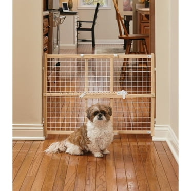 MidWest Homes for Pets Wire Mesh Pet Safety Gate, Pressure Mounted Dog Gate Measures 24 Inches Tall & Expands to 29-50 Inches Wide, Natural Wood & White Powder Coated Wire Mesh