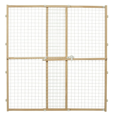 MidWest Homes for Pets Wire Mesh Pet Safety Gate, Pressure Mounted Dog Gate Measures 44 Inches Tall & Expands to 29-50 Inches Wide, Natural Wood & White Powder Coated Wire Mesh