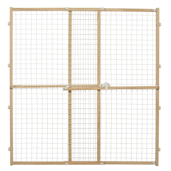 MidWest Homes for Pets Wire Mesh Pet Safety Gate, Pressure Mounted Dog Gate Measures 44 Inches Tall & Expands to 29-50 Inches Wide, Natural Wood & White Powder Coated Wire Mesh