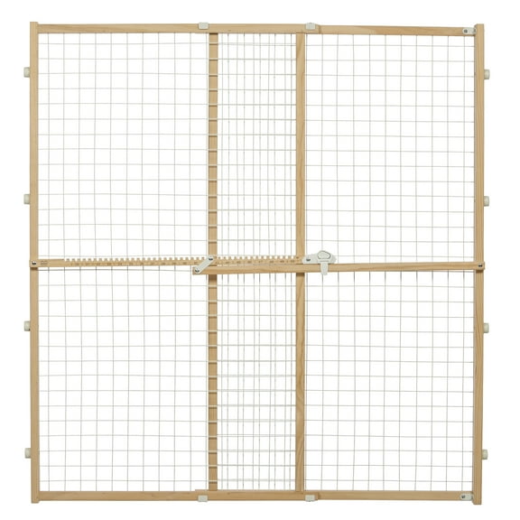 MidWest Homes for Pets Wire Mesh Pet Safety Gate, Pressure Mounted Dog Gate Measures 44 Inches Tall & Expands to 29-50 Inches Wide, Natural Wood & White Powder Coated Wire Mesh