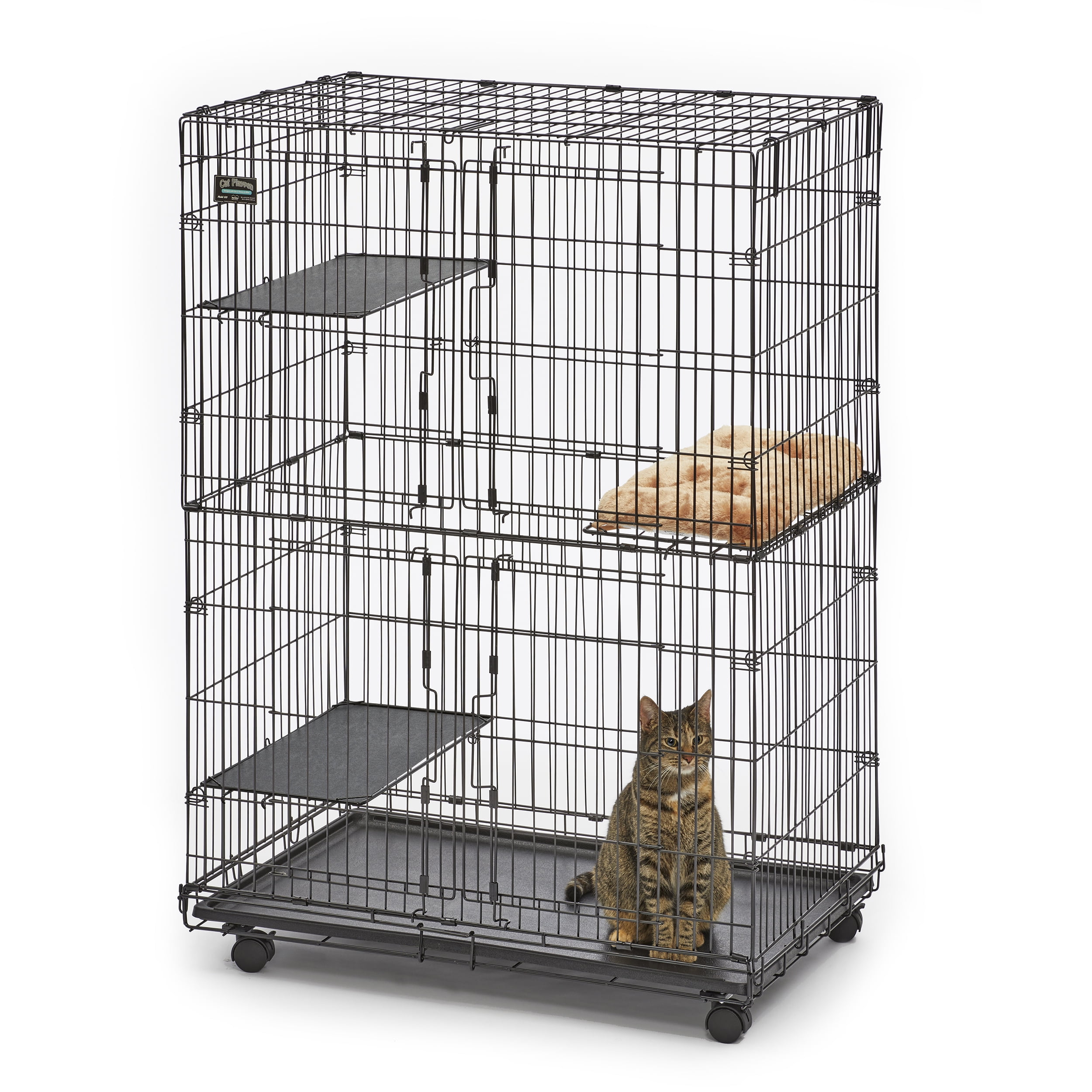 Black Metal Collapsible Cat Playpen with Shelves and Bed