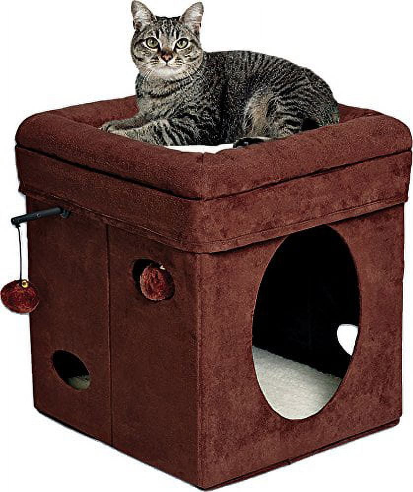 Brown Faux Suede Cat House with Plush Topper