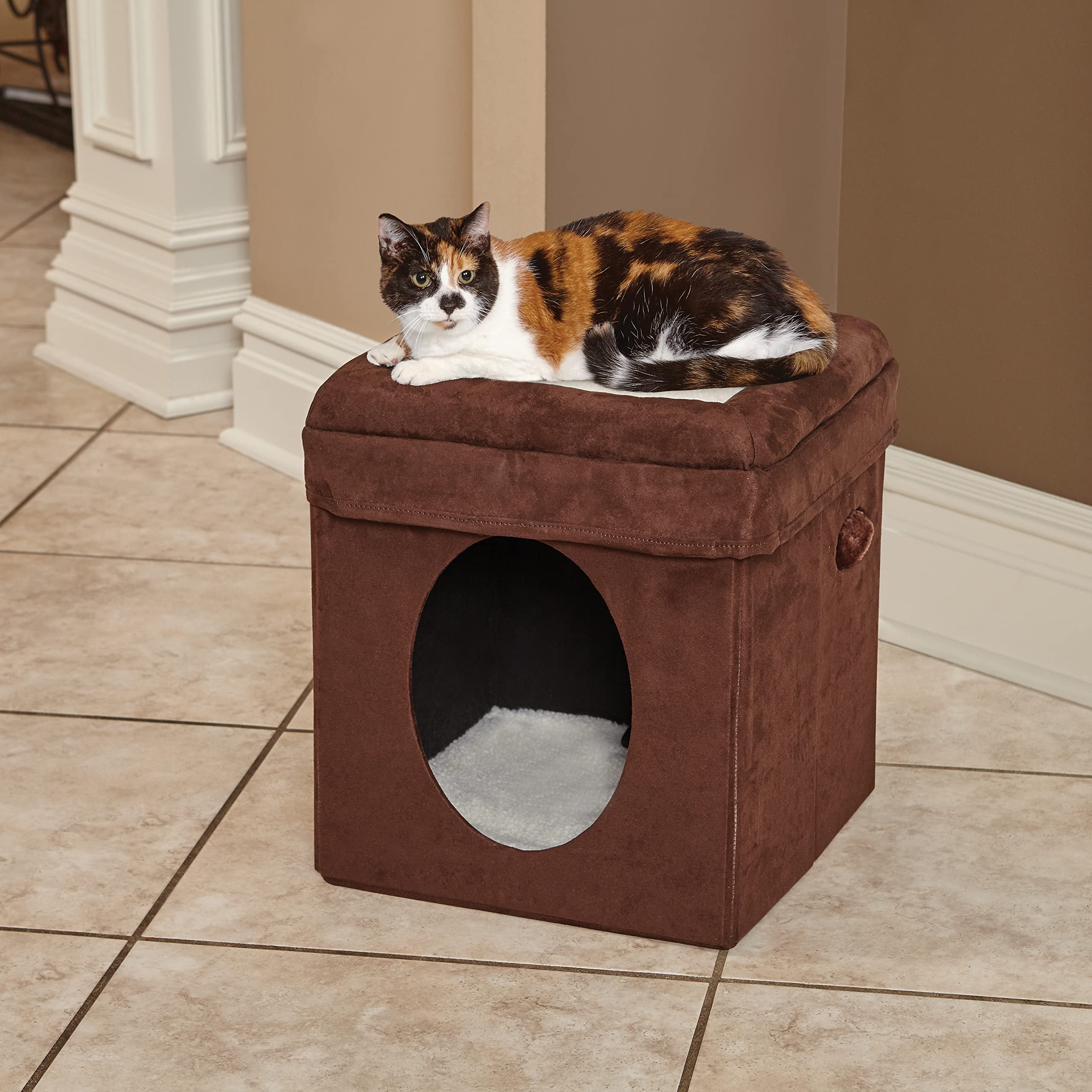 Brown Faux Suede Cat Cube with Sheepskin Topper