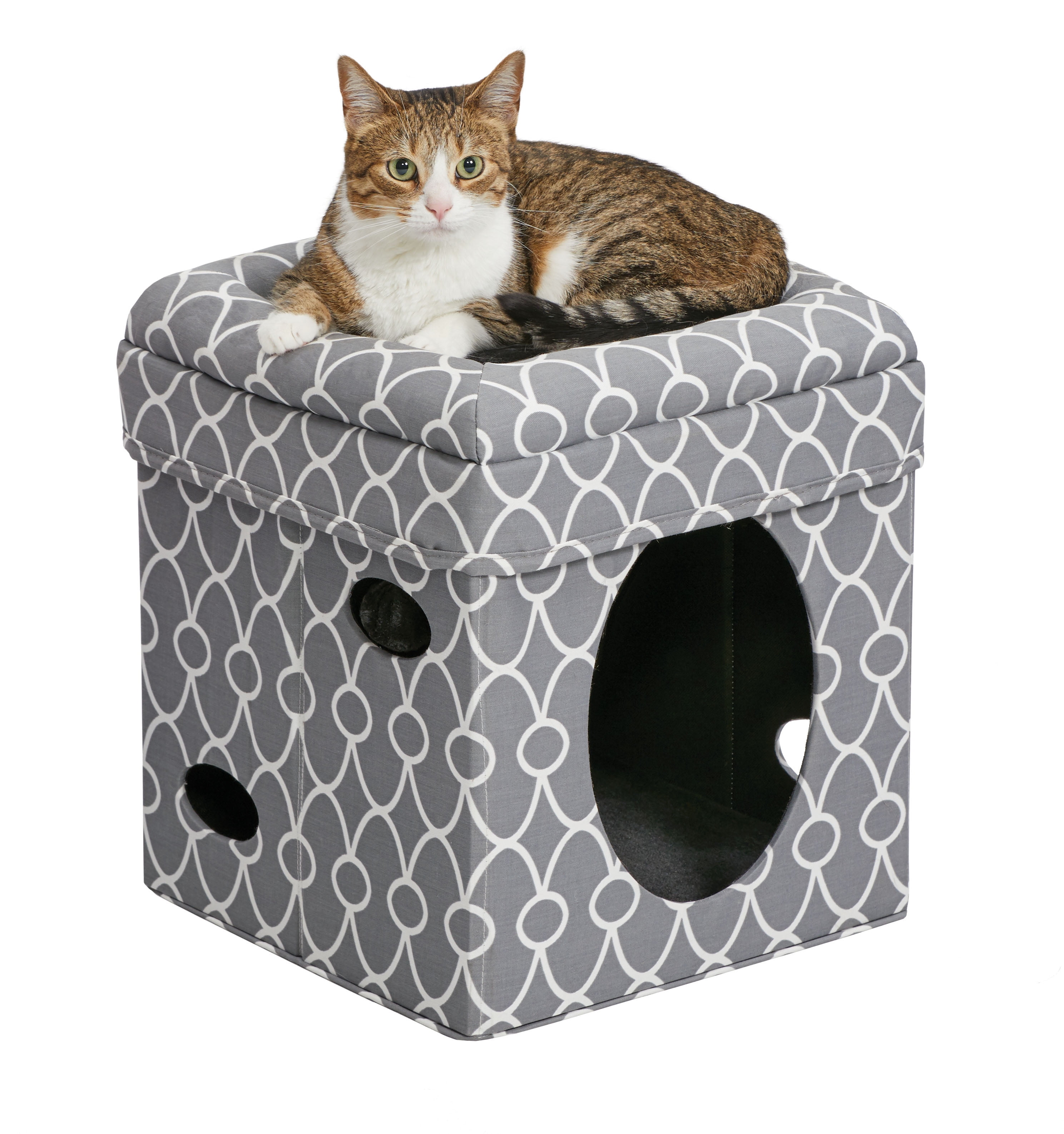 Gray Geometric Print Foldable Cat Cube with Plush Topper