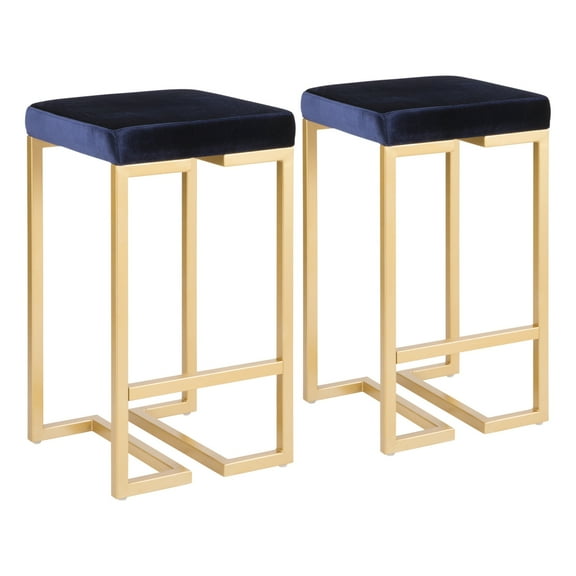 Midas 26" Contemporary-Glam Counter Stool In Gold With Blue Velvet Cushion - Set Of 2