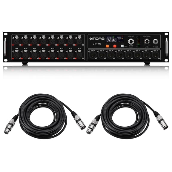 Midas DL16 16 Input and 8 Output Stage Box with 16 Midas Mic Preamps, Bundle with 2x H&A 25' XLR Microphone Cable