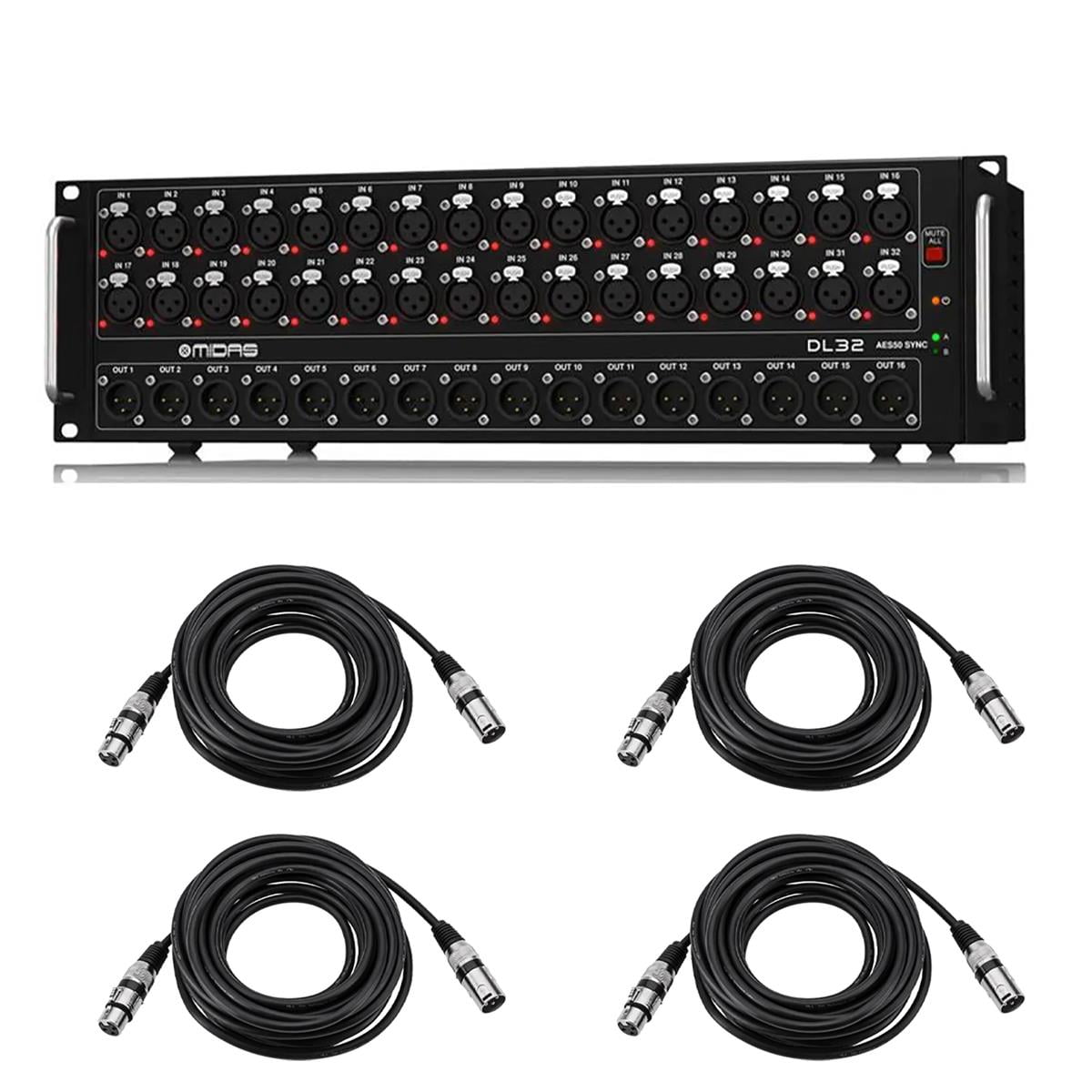 Midas DL32 32-Input/16-Output Stage Box with 32 Midas Mic Preamplifiers, Bundle with 4x 25' XLR Microphone Cable