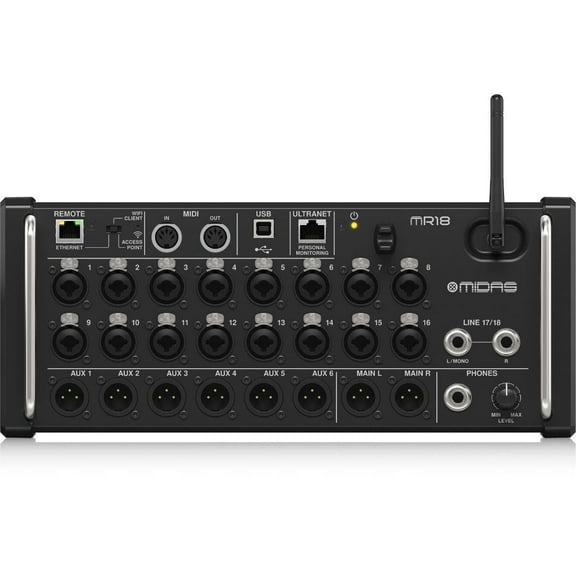 Midas MR18 18-Input Digital Mixer for iPad/Android Tablets with 16 Midas PRO Preamps, Integrated Wifi Module and Multi Channel USB Audio Interface