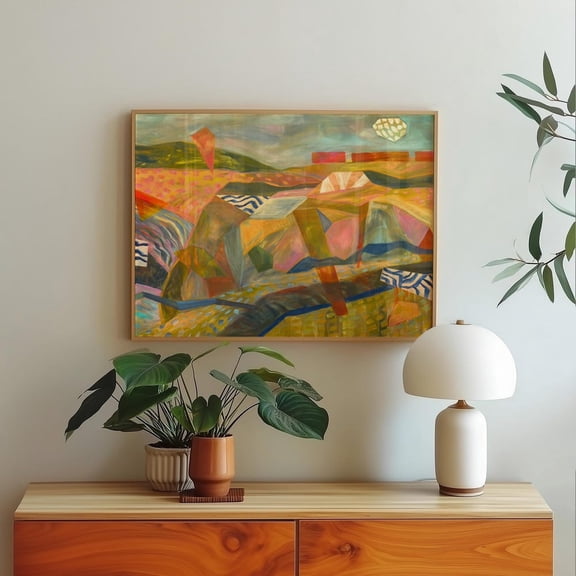 Midcentury Abstract Desert Landscape Boho Southwest Poster, Stretched Canvas 16x20in