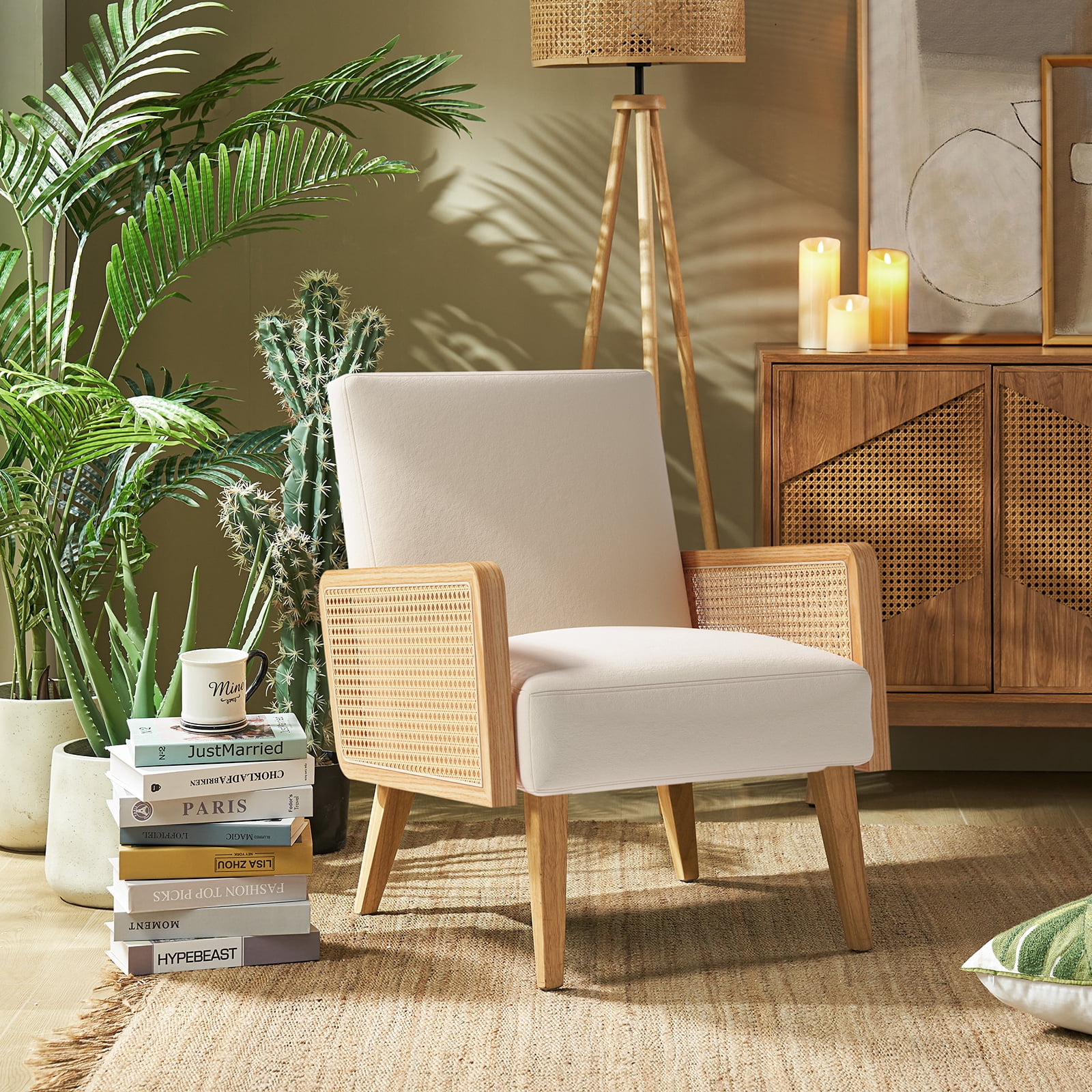 Farmhouse Accent Chair Rattan Armrests Fabric Upholstered Wooden Reading Armchair Living Bedroom Beige