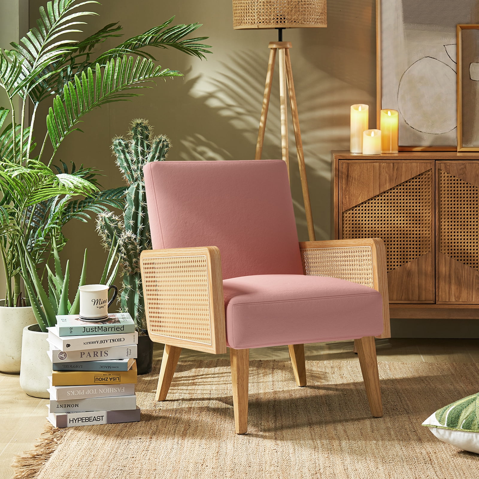 Bohemian Blush Velvet Handcrafted Accent Chair with Rattan Armrests