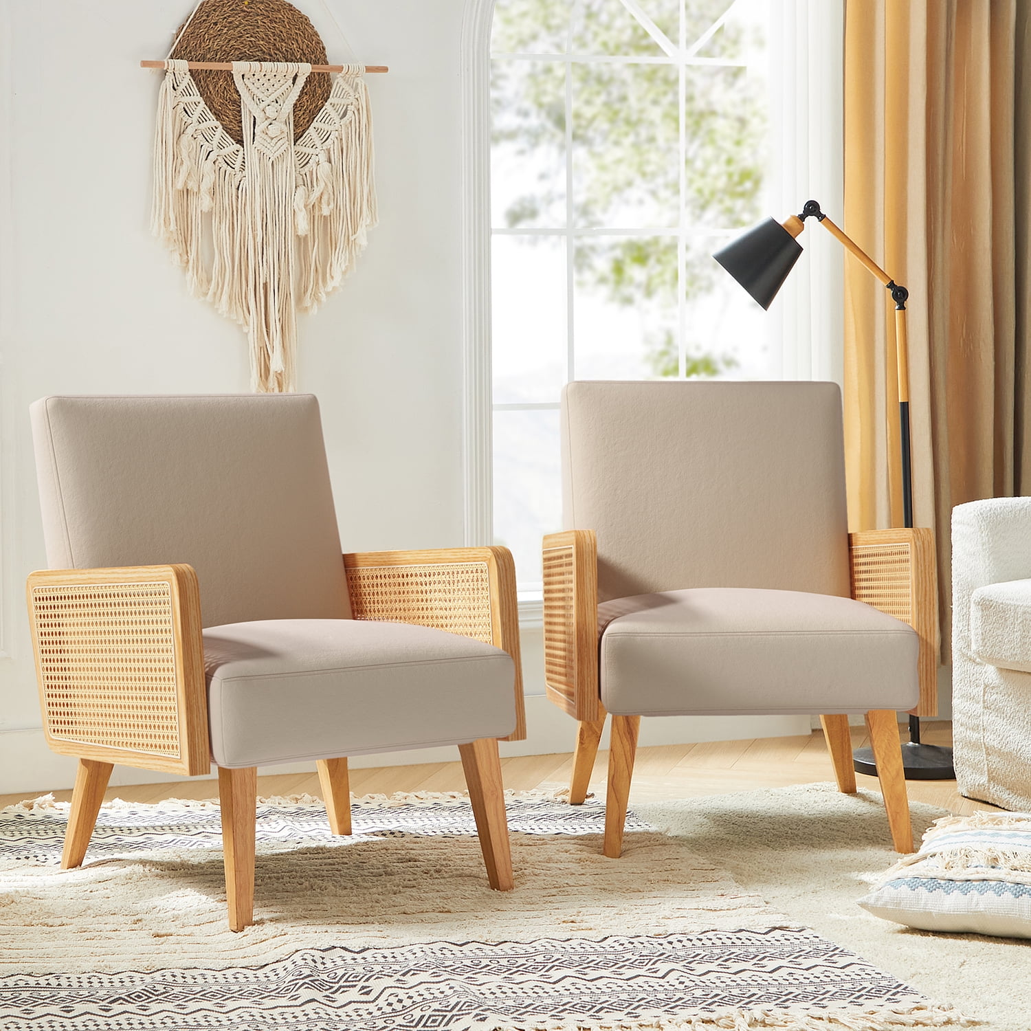Midcentury Accent Chair Set of 2 Rattan Armrests Fabric Upholstered Wooden Reading Armchair Living Bedroom Tan Walmart Business Supplies