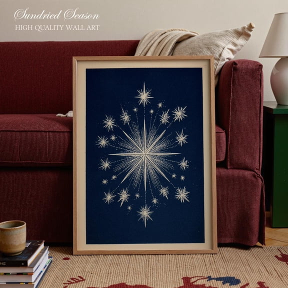 Midcentury Atomic Starburst Art Print, Retro Navy Kristmas Star Print, Vintage Scandinavian Winter Decor For Witchy Or Boho Style Home Warm Present Vintage UNFRAMED Poster Size 24x36