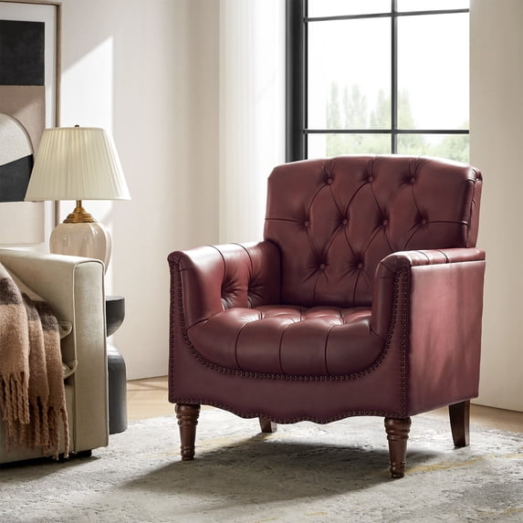 Midcentury Genuine Leather Armchair Upholstered Lounge Chair Button Tufted Nailhead Trim Red