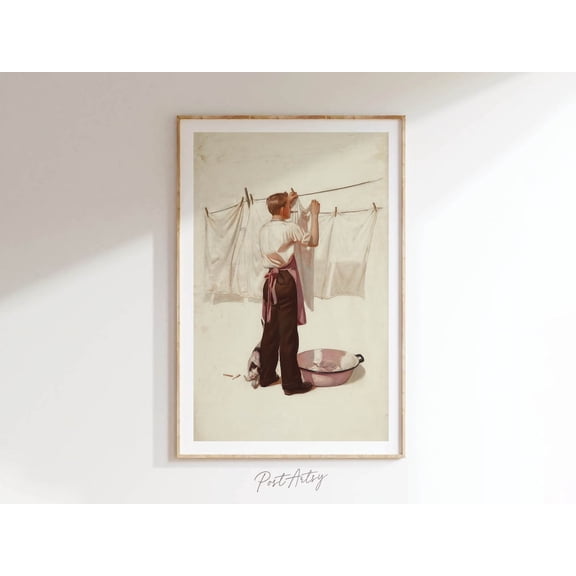 Midcentury Laundry Hanging Clothes Wall Art, Unframed Paper Print Size 8x12
