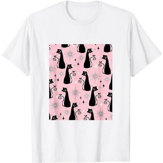 Midcentury Mid Century Cat Retro Atomic Age Space Pink Black white T-Shirt